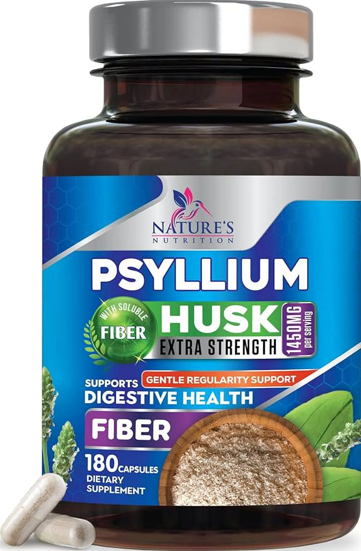 High Absorption Psyllium Husk Capsules 1450mg, Natural Soluble Fiber Supplement Non-GMO Gluten Free Digestive Support, Psyllium Fiber Caps Support Digestion & Regularity - 180 Capsules
