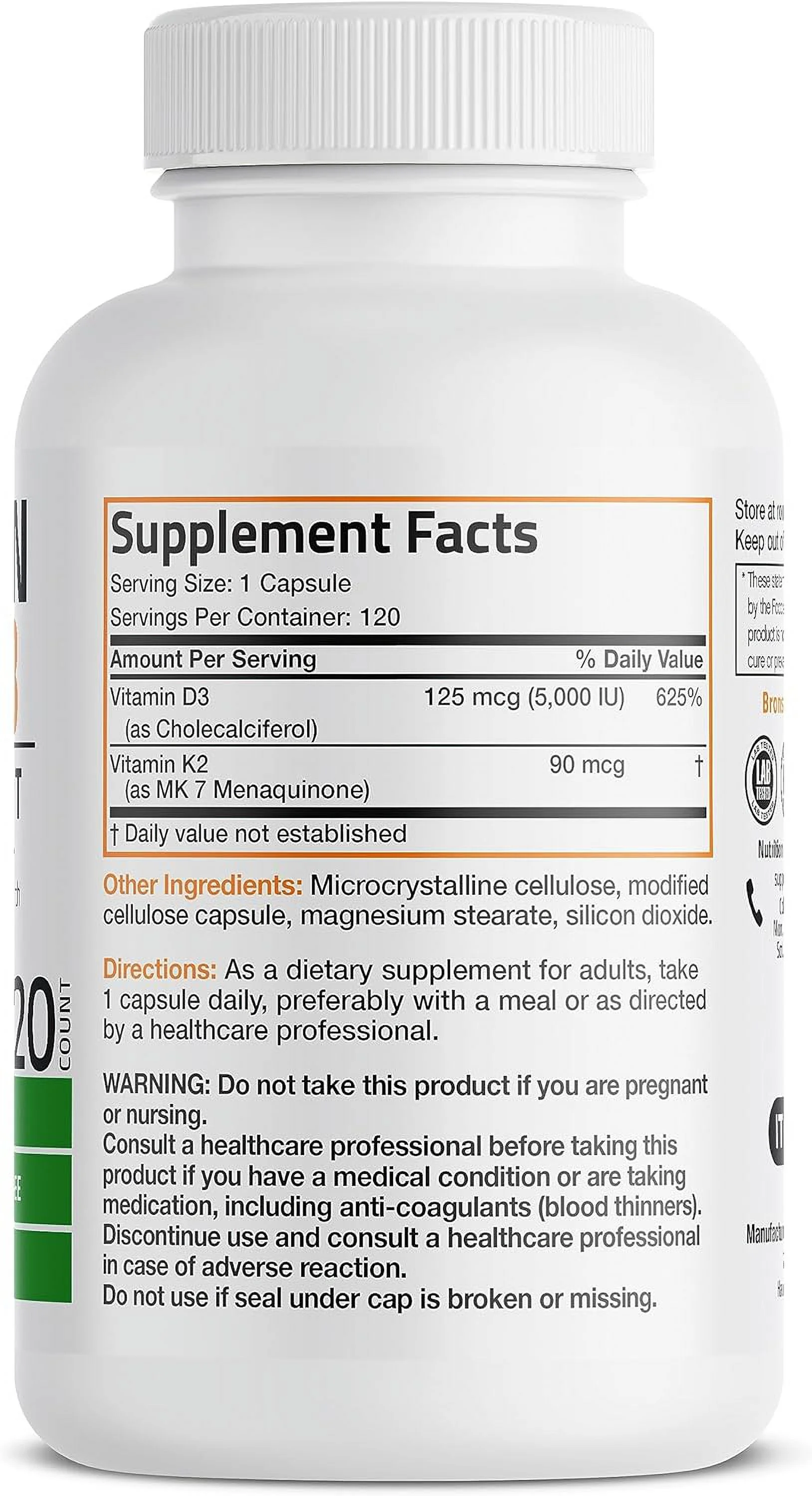 Bronson Vitamin K2 (MK7) with D3 Supplement Non-GMO Formula 5000 IU Vitamin D3 & 90 mcg Vitamin K2 MK-7 Easy to Swallow Vitamin D & K Complex, 120 Capsules