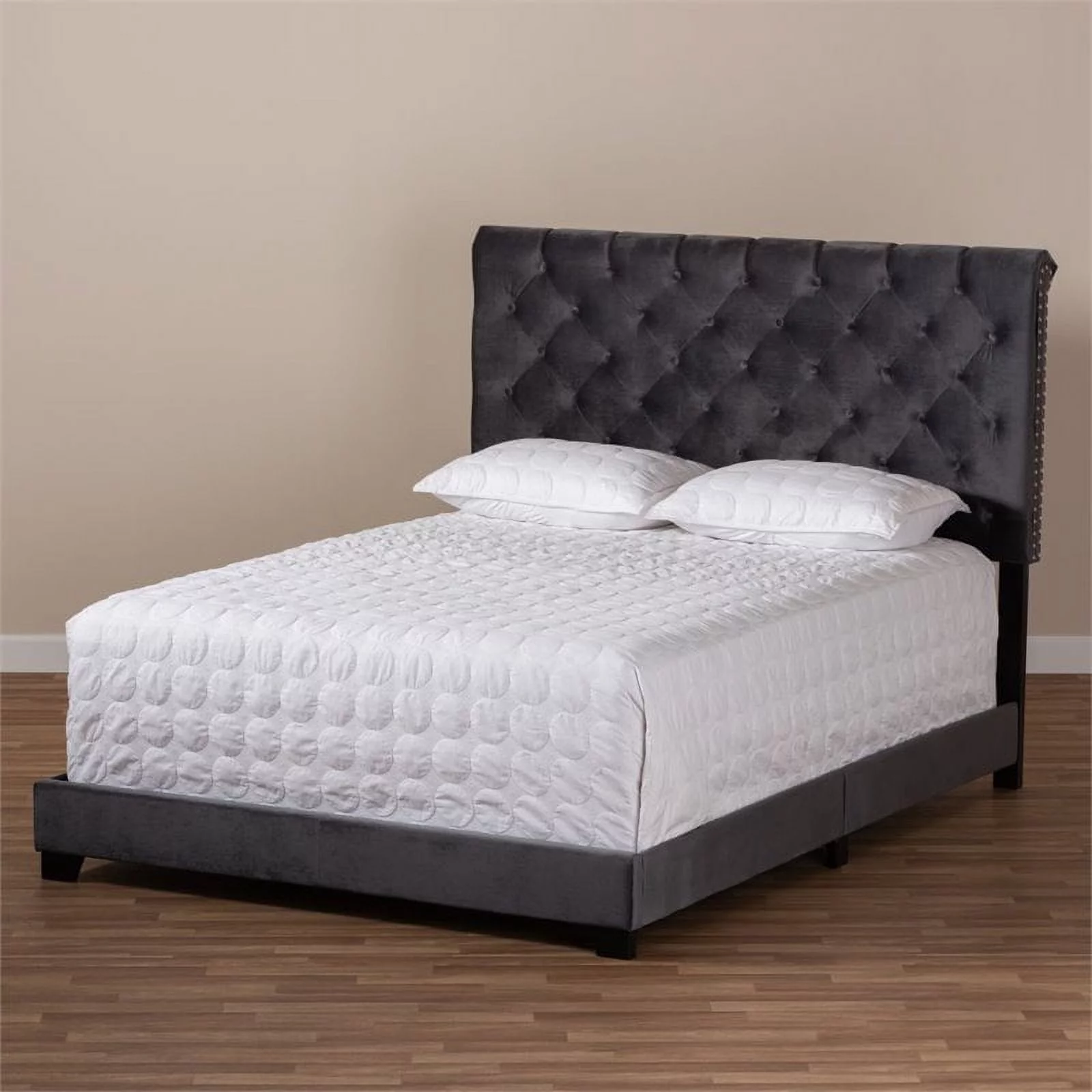 Bowery Hill Modern Button Tufted Velvet Upholstered King Bed in Gray