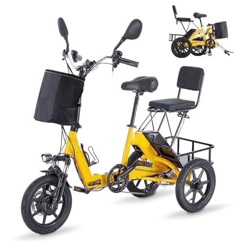 Electric Tricycle for Adults Foldable, 350W(Peak 500W) Folding Electric Trike, 3 Wheel Bikes for Adults with 480Wh Removable Battery, Trike Ebike with 2 Seats and Large Basket for Seniors Women