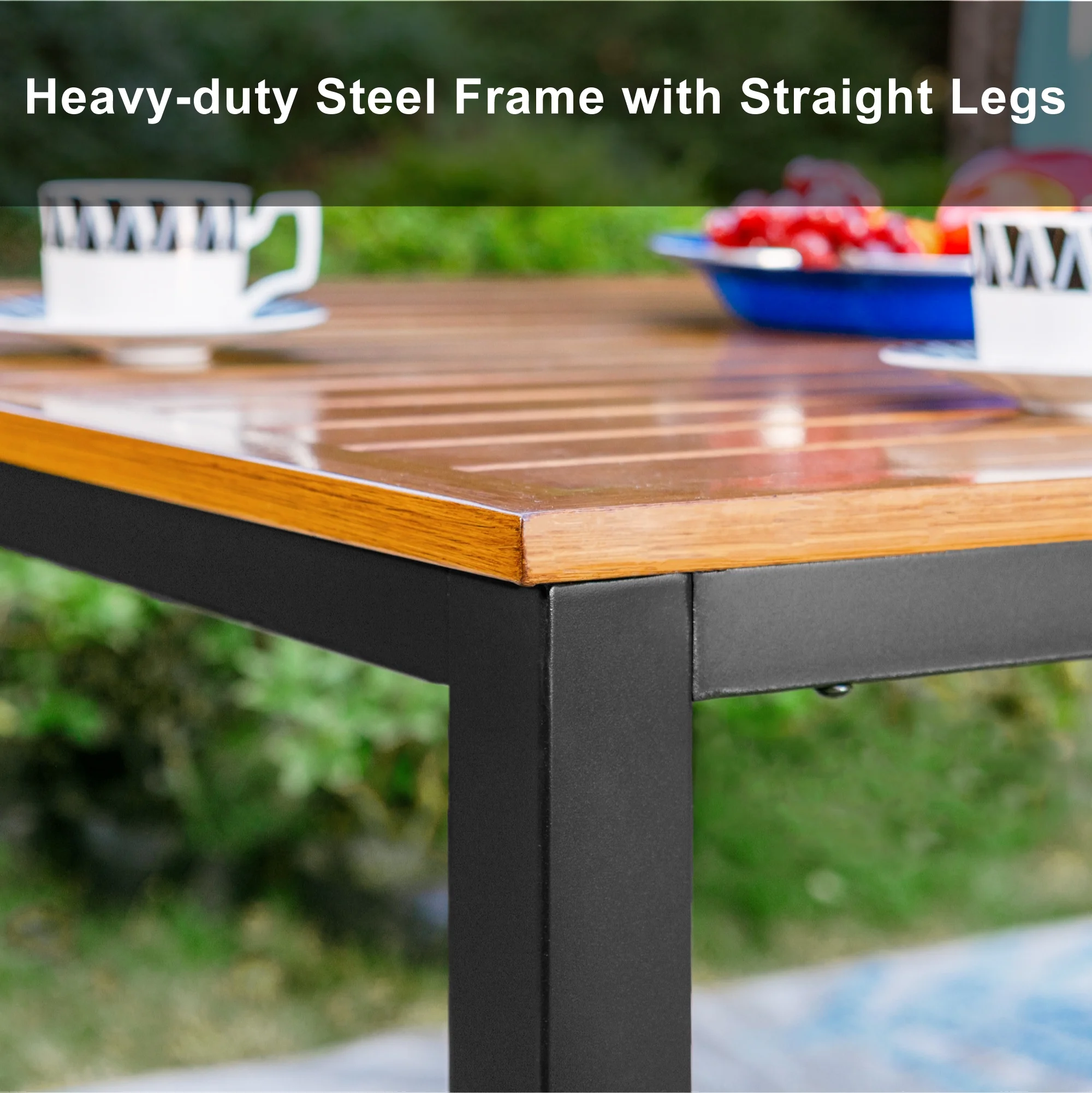 MF Studio Rectangle Outdoor Dining Table, Steel Frame with Wood Grain Top for 6 Person, Black