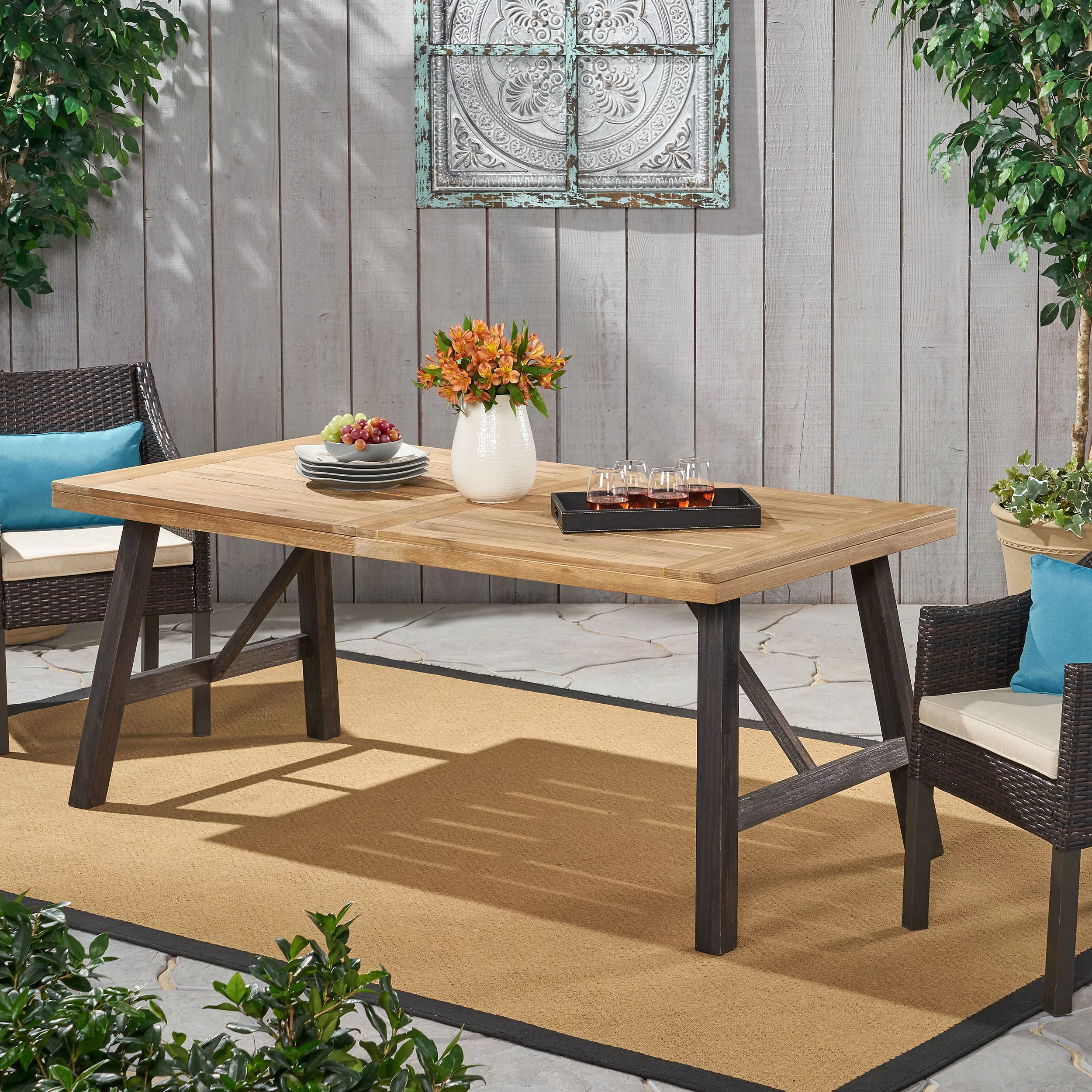 GDF Studio Anemone Outdoor Acacia Wood Dining Table, Gray and Mahogany