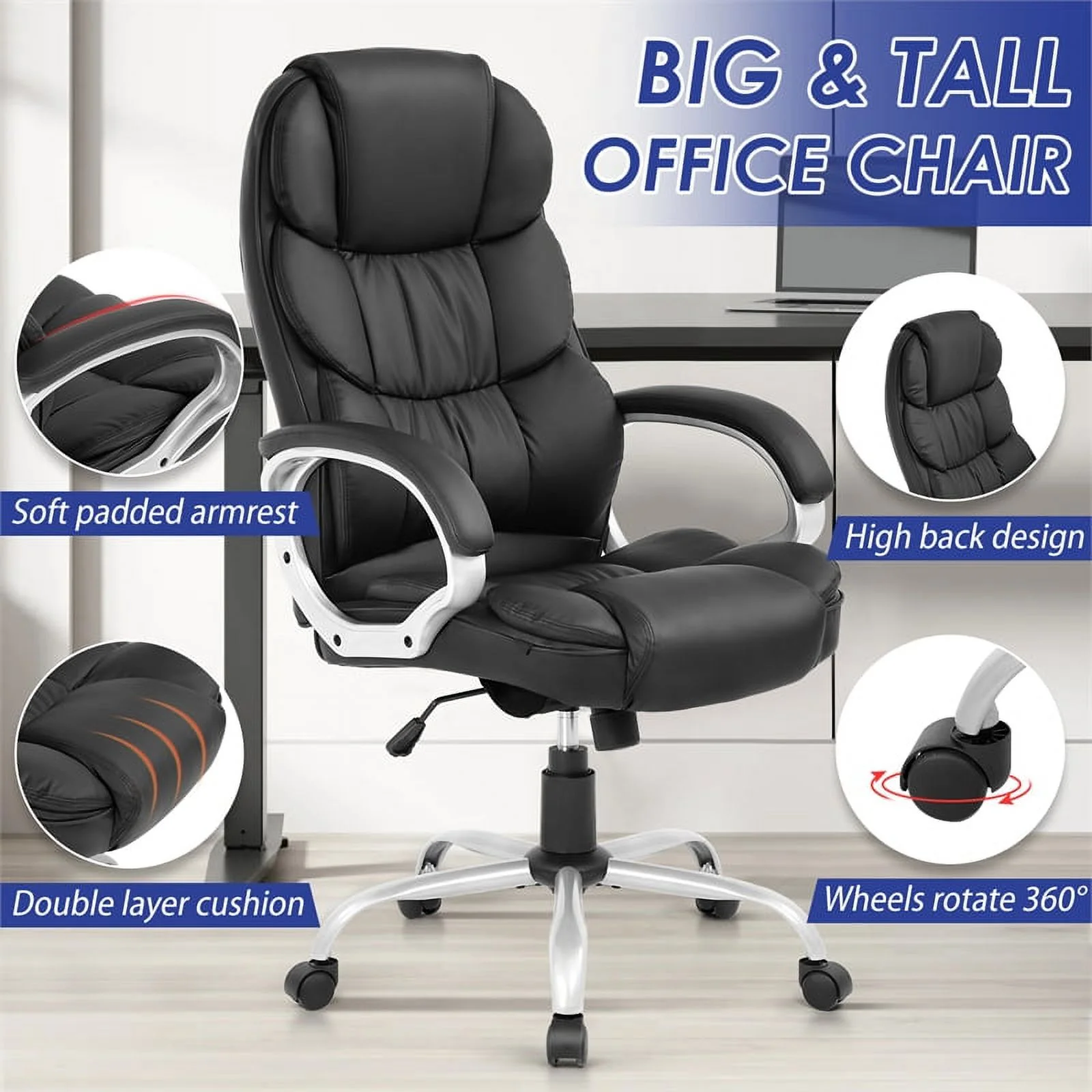 Bowery Hill Modern Faux Leather High Back Desk Chair in Black