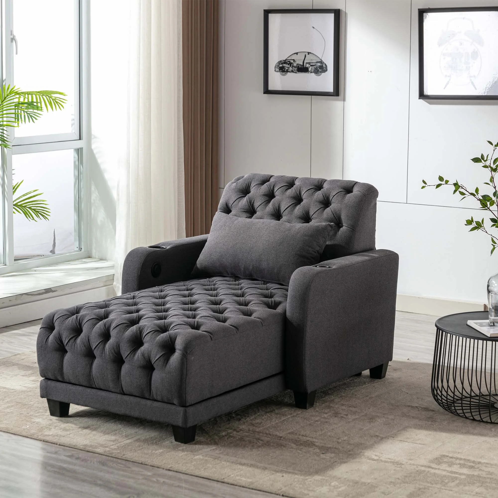 MYDENIMSKY Tufted Modern Leisure Sofa, 3 in 1 Sleeper Bed Recliner Chaise, Lounge Adjustable Barry Sofa, Accent Sofa Couch with Pillow for Living Room & Guest Room，Gray