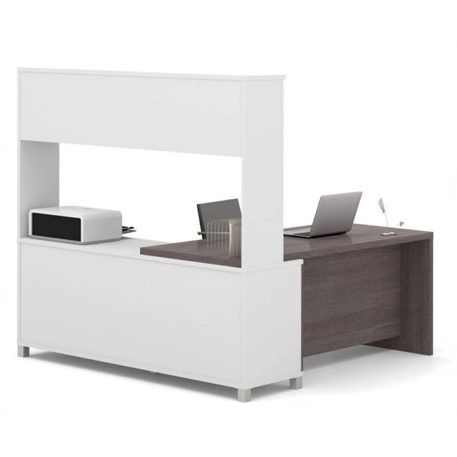 Bowery Hill L-Desk with Hutch in White and Bark Gray