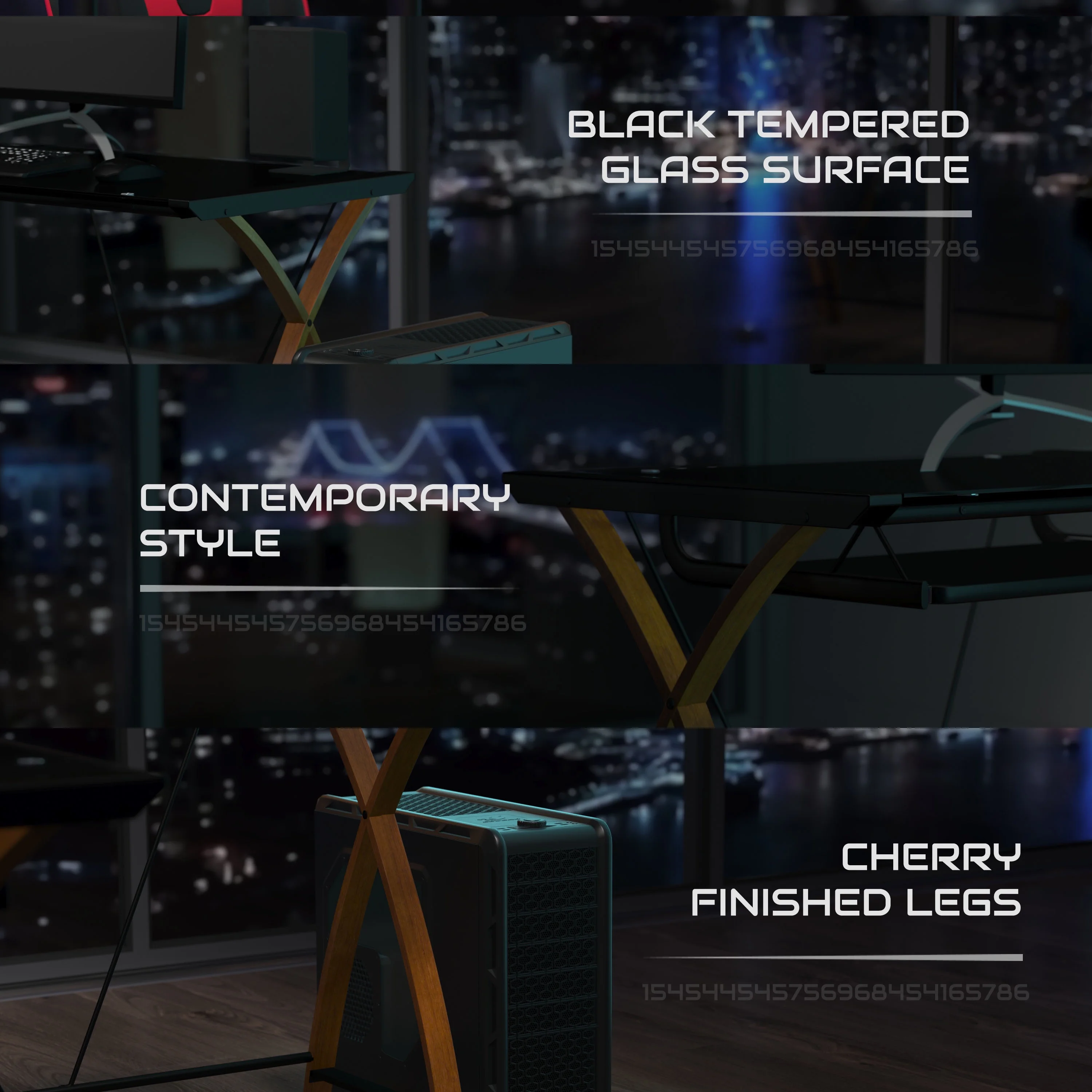 BlackArc L-Shaped Gaming Desk with Black Tempered Glass Surface and Crisscross Cherry Finished Legs - Sliding Keyboard Tray