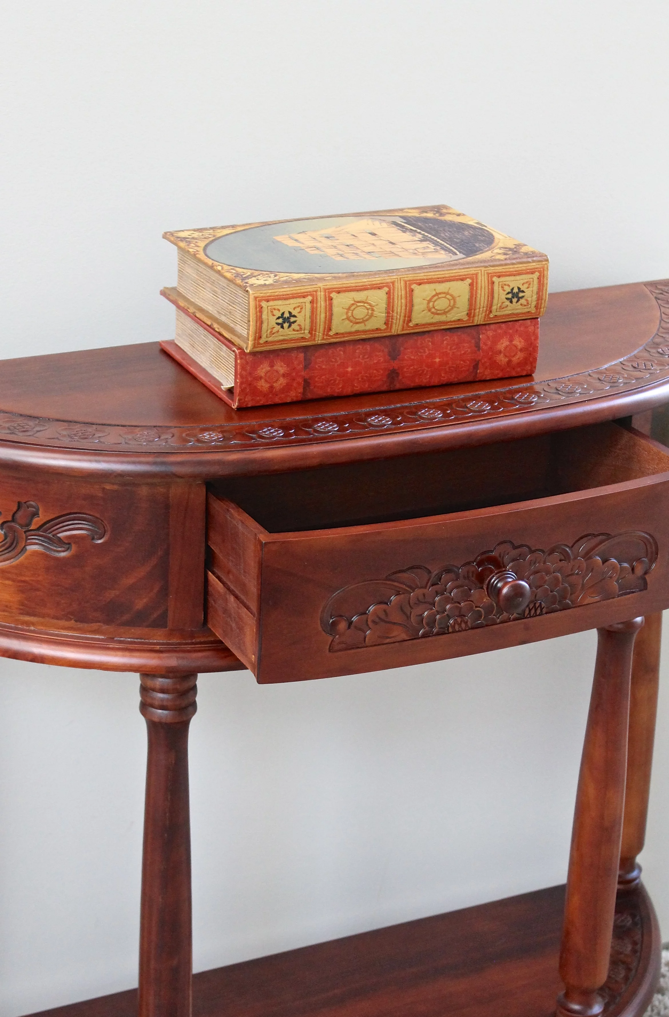 International Caravan, Inc Windsor Carved Wood Half-moon Hall Table - Walnut