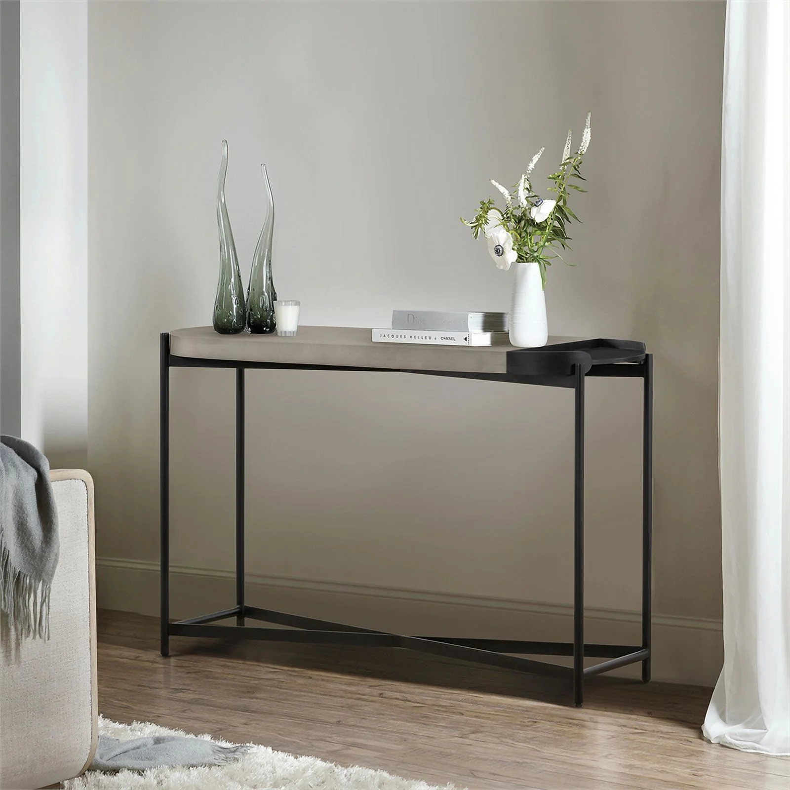 Maklaine Modern Metal/Concrete Stone Console Table in Gray/Black
