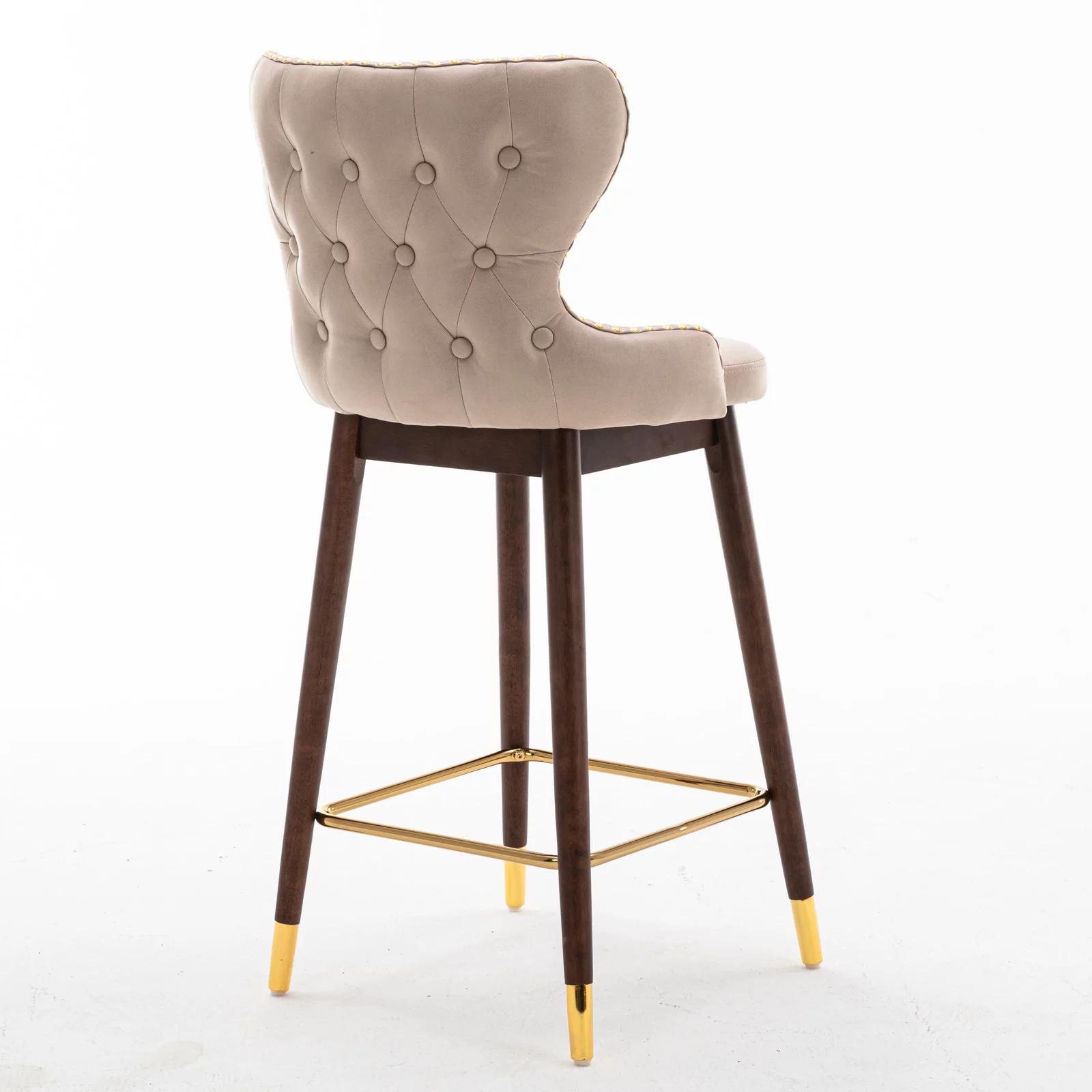 BTMWAY Bar Chairs Set of 2, Modern Upholstered Bar Stools with Gold Nailhead Trim and Solid Wood Legs, Leisure Cushioned Counter Stools with Wing-Back Backrest and Golden Footrest, Beige