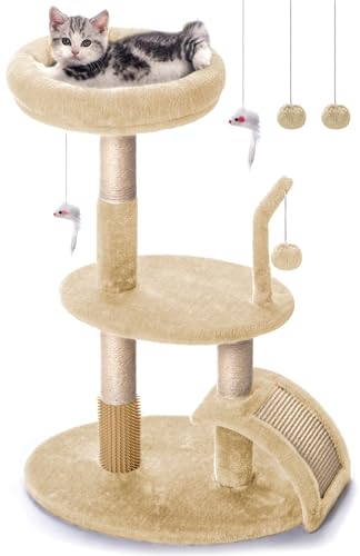 Small Cat Tree Tower with Scratching Post, Modern Kitten Tower for Indoor Cats, Short Carpet Sisal Cat Scratcher Stand with Large Bed Perch, Scratch Ramp, Toy Ball for Kitty Play (Grey)