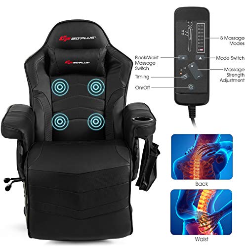 Goplus Massage Gaming Chair, Racing Style Gaming Recliner w/Adjustable Backrest and Footrest, Ergonomic High Back PU Leather Computer Office Chair Swivel Game Chair w/Cup Holder and Side Pouch