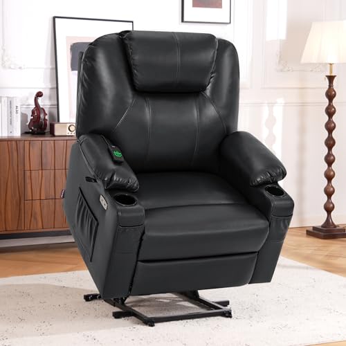MCombo Power Lift Recliner Chair for Elderly, Lift Chair with Heat and Massage, FSC Certified, USB Ports, Cup Holders, Faux Leather 7040 (Black, Medium)