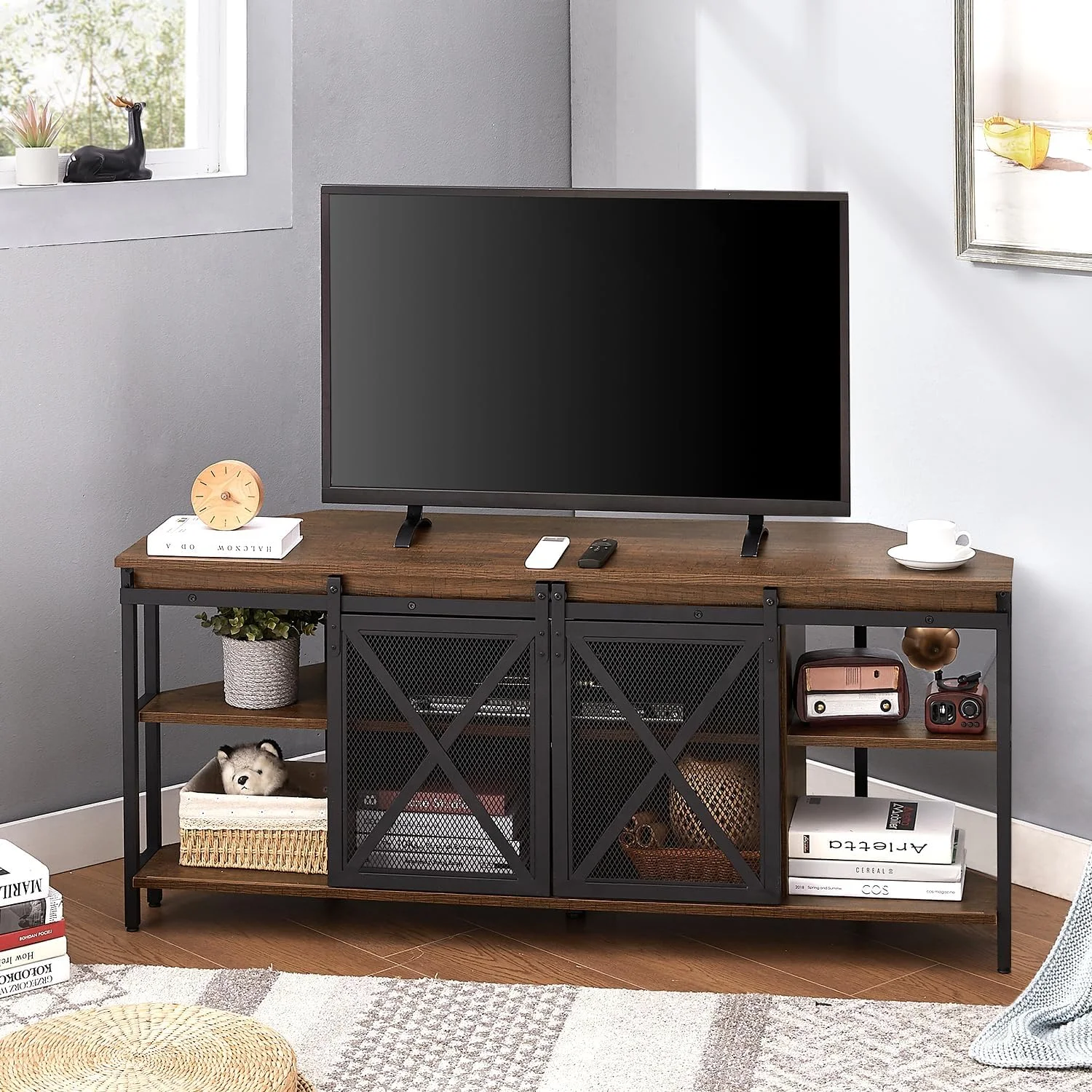 FJU Corner TV Stand, Corner TV Stand for 55 60 Inch TV, Industrial & Farmhouse Corner Entertainment Center w/Sliding Barn Door, Corner TV Cabinet for Living Room, Brown