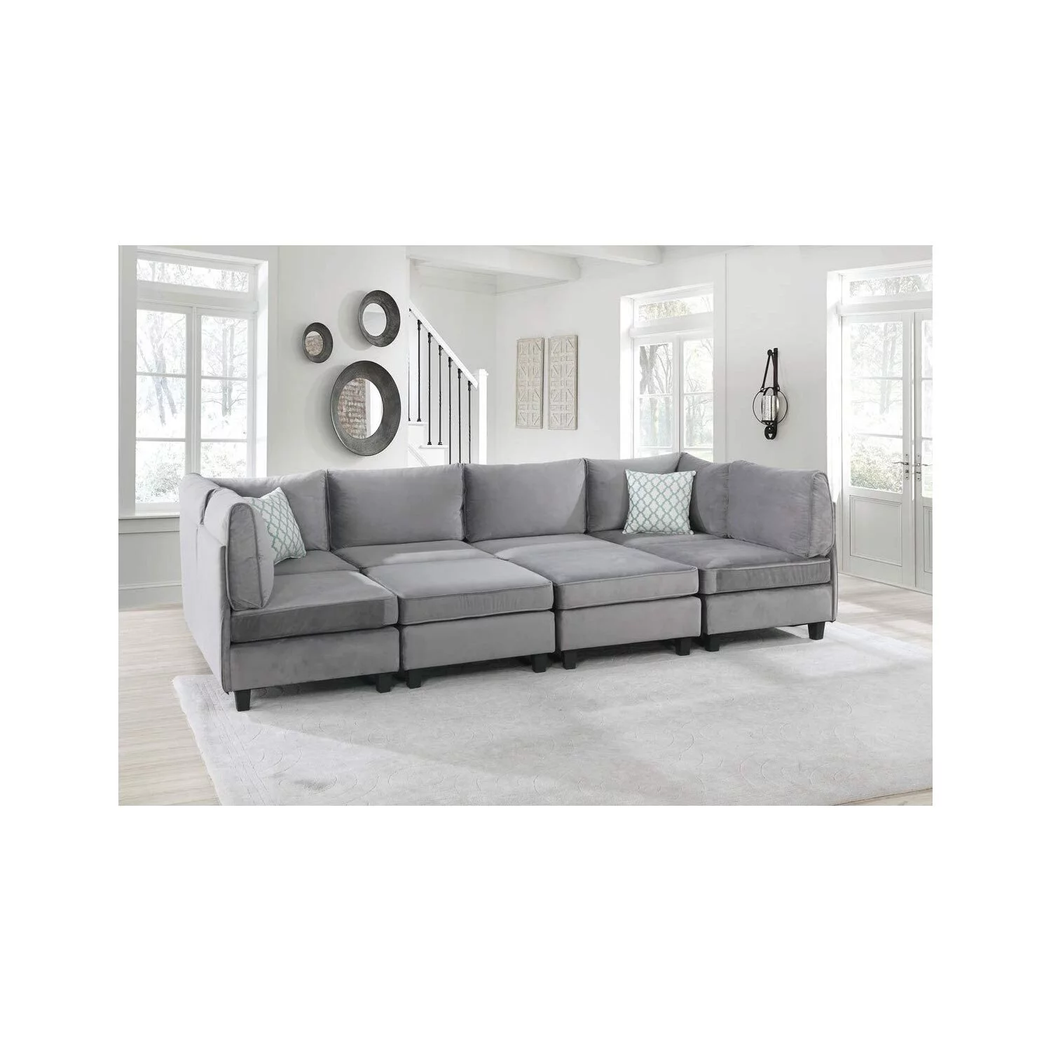 Homestock Baroque Brilliance Gray Velvet 8Pc Modular Sectional Sofa