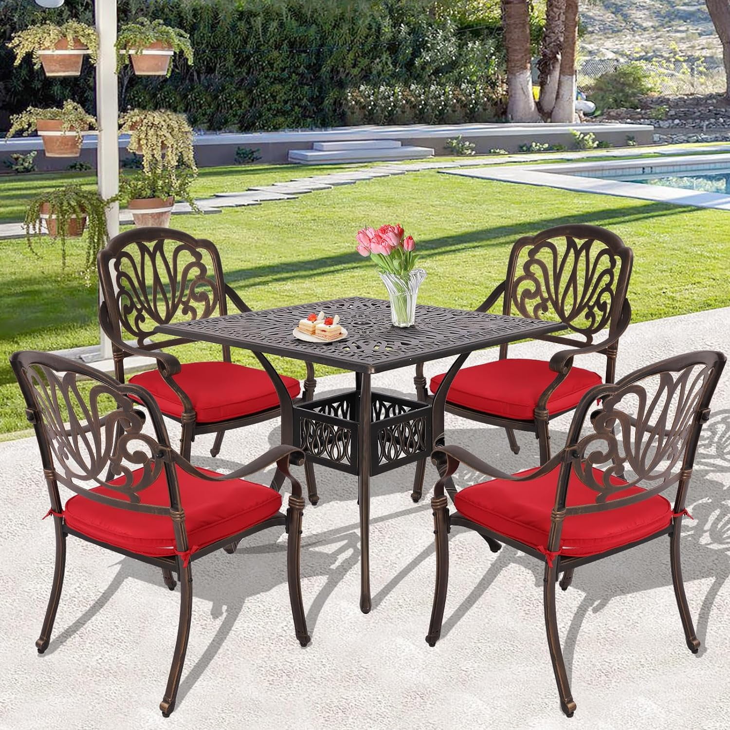 Haverchair 5 Piece Cast Aluminum Patio Dining Set Outdoor Furniture Set Patio Garden Set with 4 Dining Chairs with Red Cushion, 1 Patio Square Table, 2.2