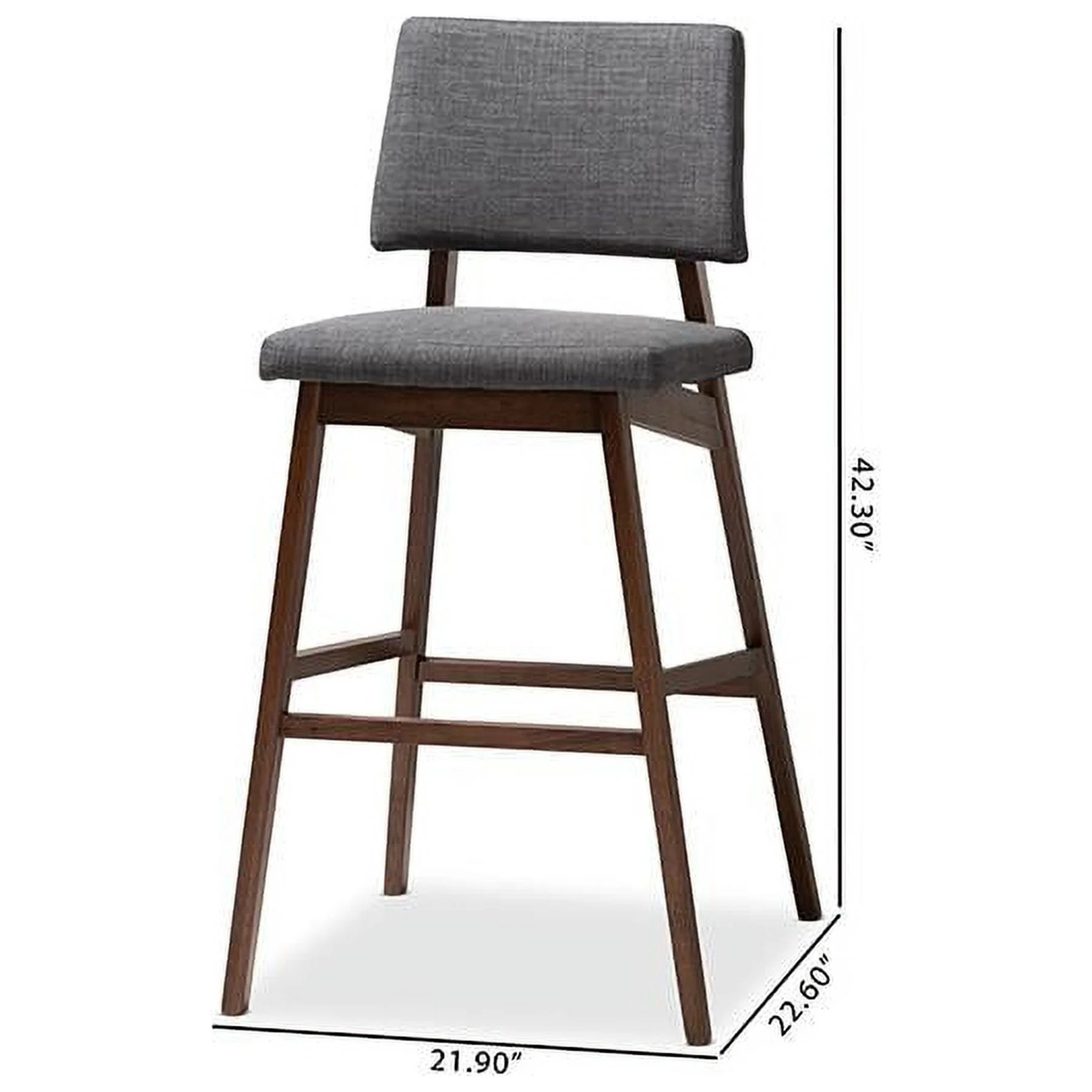 Baxton Studio Colton Mid-Century Modern Dark Gray Fabric Upholstered and Walnut-Finished Wood Bar Stool Set of 2