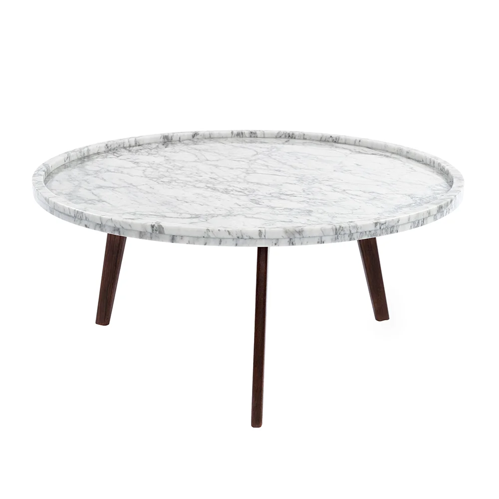 The Bianco Collection  31 in. Cassara Round Italian Carrara White Marble Coffee Table with Walnut Legs