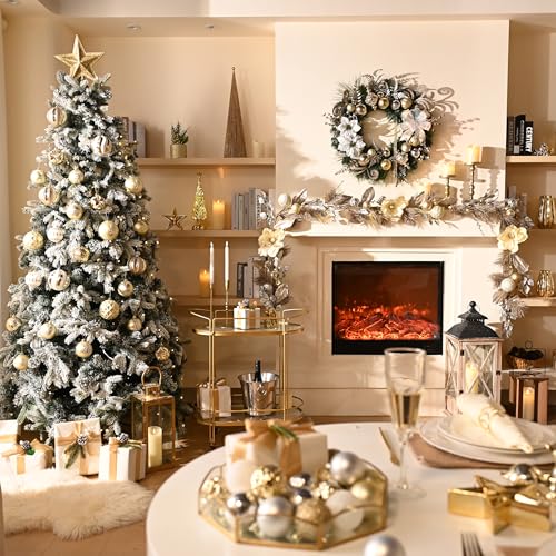 Valery Madelyn 6 Feet Pre-Lit Christmas Garland with Lights for Mantle, Lighted Outdoor Xmas Garland with White Gold Balls & Magnolia for Home Stairs Fireplace Table Centerpiece Indoor Holiday Decor