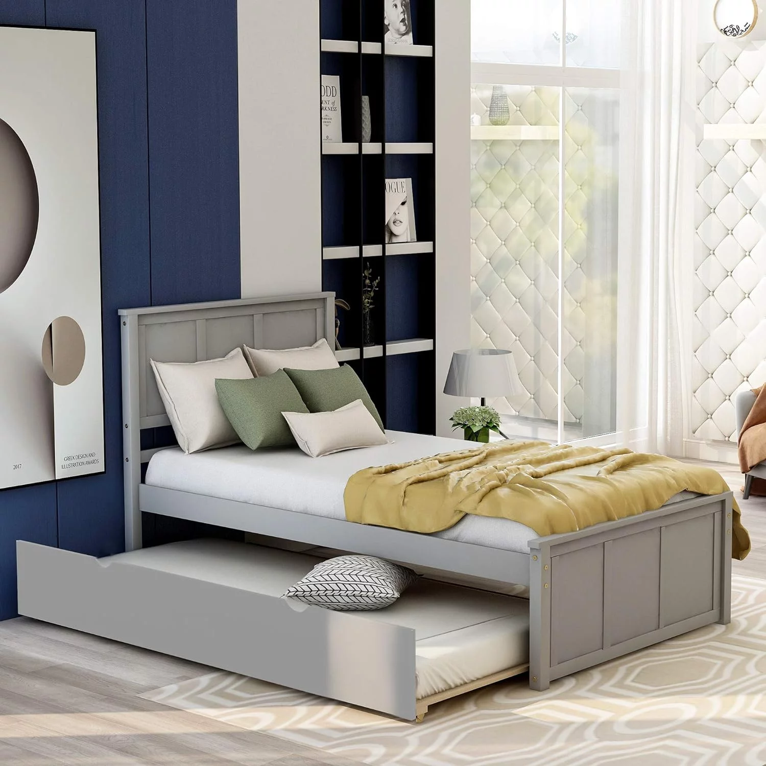Bed Frame With Headboard And Trundle, Wood Platform Bed With Trundle, No Box Spring Needed (Gray With Trundle)