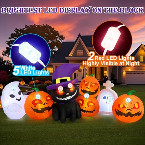 MICOCAH Halloween Inflatables Outdoor Decorations 8 FT Long Funny Pumpkin Black Cat Blow Up Lanterns Built-in LED Lights with Ghost Tombstone Scary Yard Decoration for Holiday Party Outside Lawn
