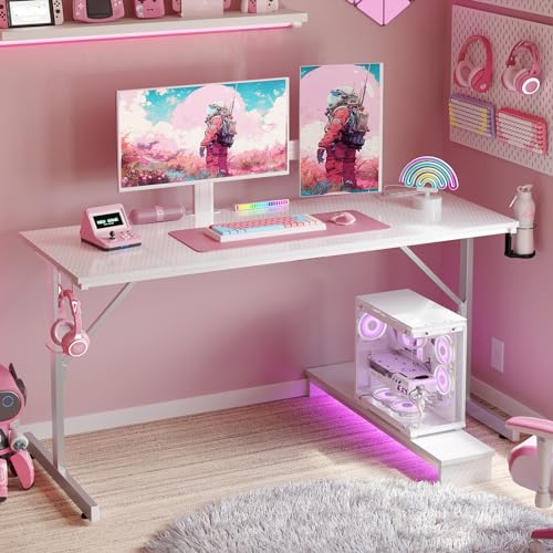 Bestier Gaming Desk with LED Lights, 42 inch Computer Desk with Monitor Stand Gamer Workstation with Cup Holder & Headset Hooks, Modern Simple Style Desk for Home Office, Black Marble