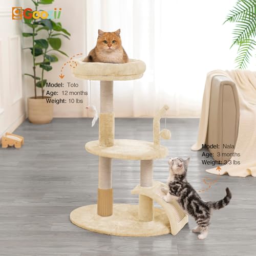 Small Cat Tree Tower with Scratching Post, Modern Kitten Tower for Indoor Cats, Short Carpet Sisal Cat Scratcher Stand with Large Bed Perch, Scratch Ramp, Toy Ball for Kitty Play (Grey)