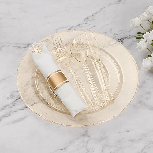 Goodluck 350 Piece Silver Plastic Dinnerware Set for 50 Guests, Fancy Disposable Plates for Party, Include: 50 Dinner Plates, 50 Dessert Plates, 50 Pre Rolled Napkins with Silver Silverware, 50 Cups