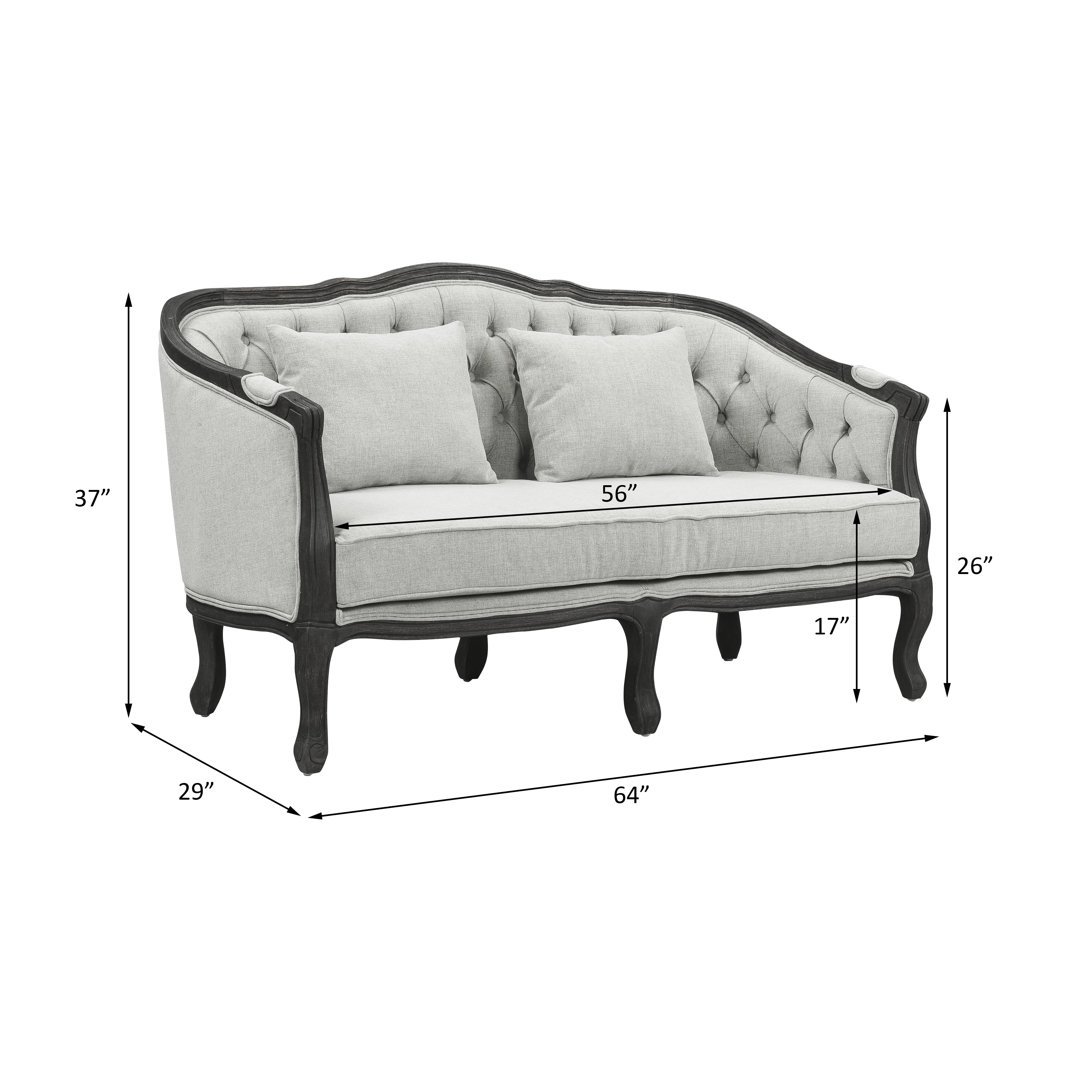 ACME Samael Linen Loveseat with Wooden Leg and 2 Pillows in Gray and Dark Brown