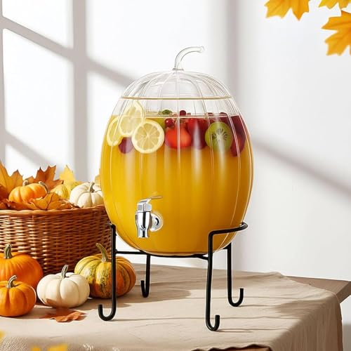 1.3 Gallon Pumpkin Glass Beverage Dispenser with Stand and Spigot Clear Drink Dispenser for Juice Cocktails Tea for Thanksgiving Halloween Fall Party Decor