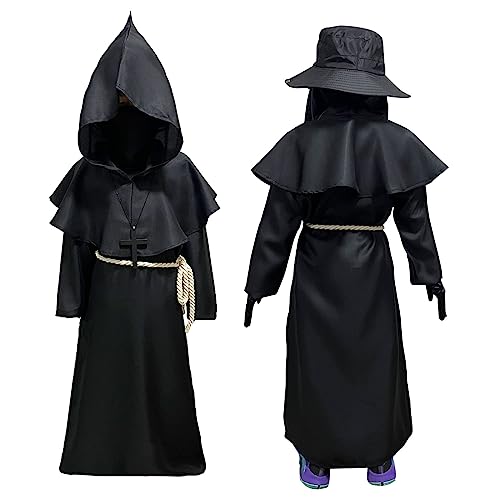 Plague Doctor Costume for Kids 7 in 1 Set Halloween Costumes for Boys Girls Halloween Outfit (Medium-130)