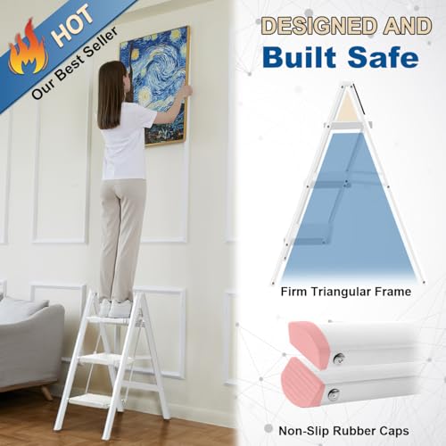 Double Elite Step Ladder 2 Step Folding, Sturdy 330 Lbs Load Folding Step Stool for Adults, Safer Full Steel Frame, Multi-use Closet/Home Kitchen Small Step Ladder with Wide Pedals, Black