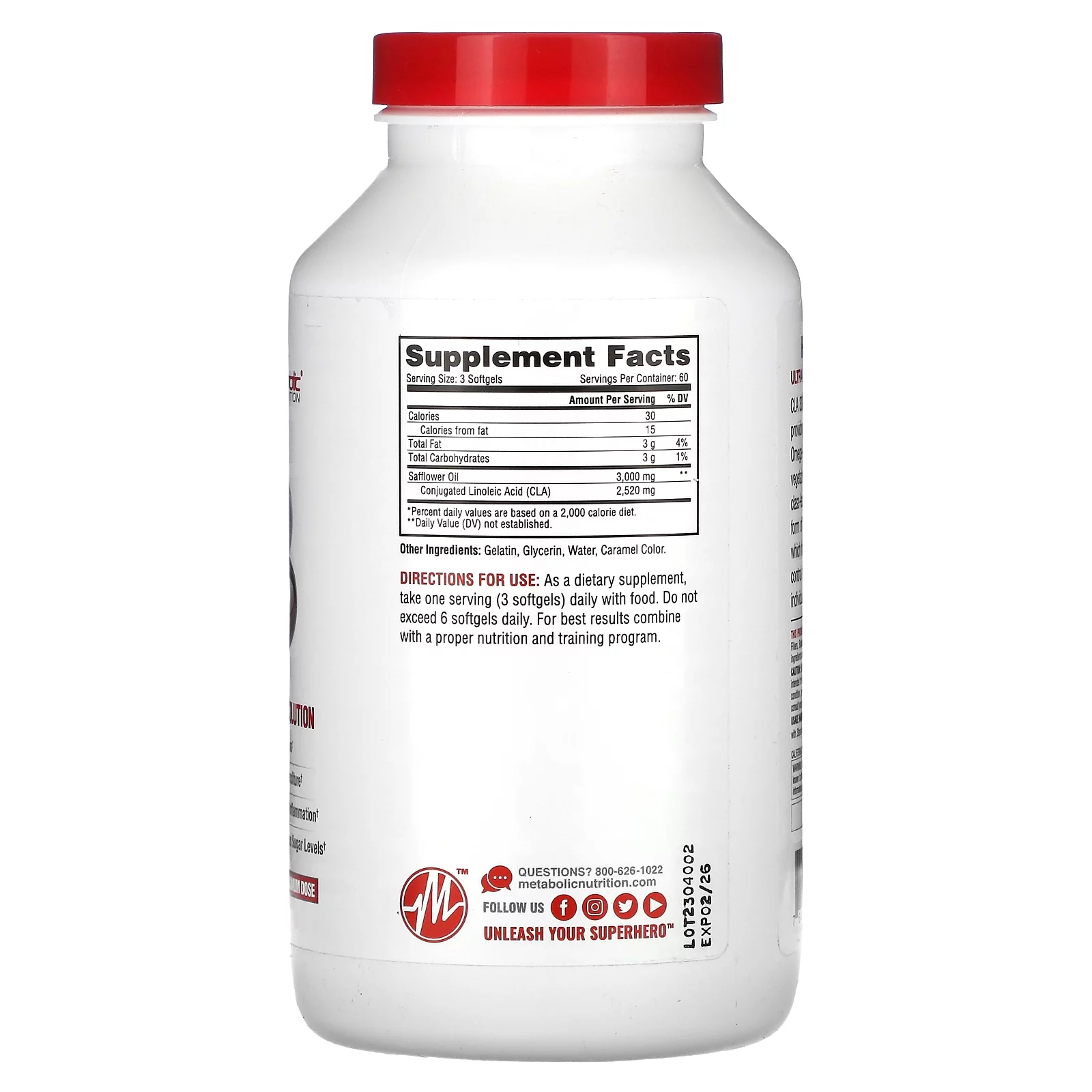 Metabolic Nutrition CLA 3000, 3,000 mg, 180 Softgels (1,000 mg per Softgel)