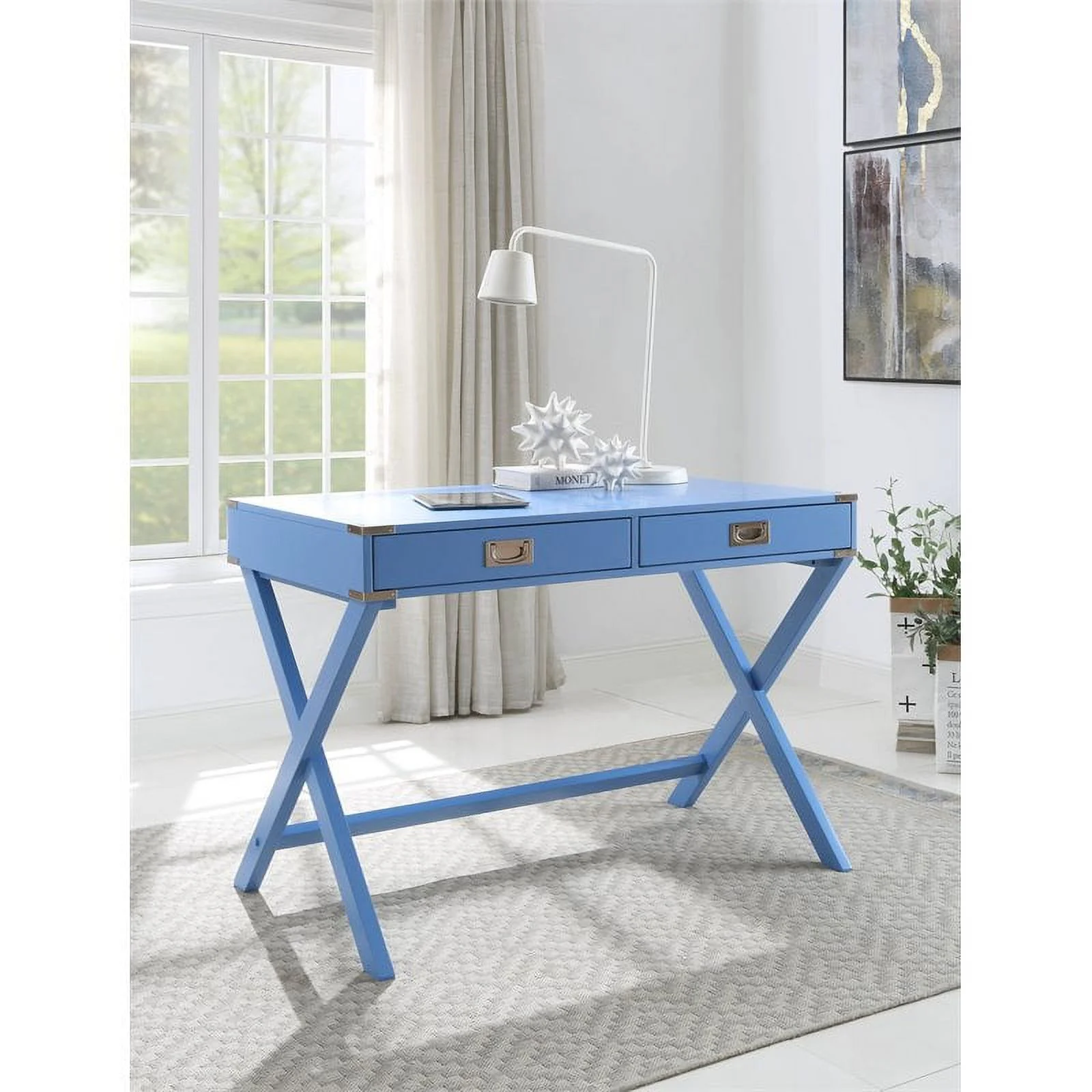 UrbanPro Wooden Rectangular 2-Drawer Writing Desk with X-Shaped Base in Blue