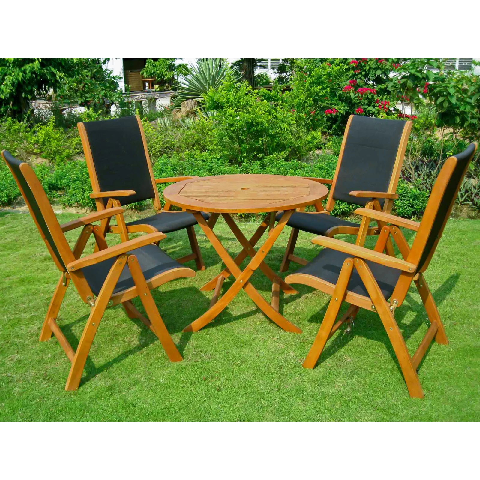 International Caravan Royal Tahiti Hamburg Balau Wood 5 Piece Sling Patio Dining Set