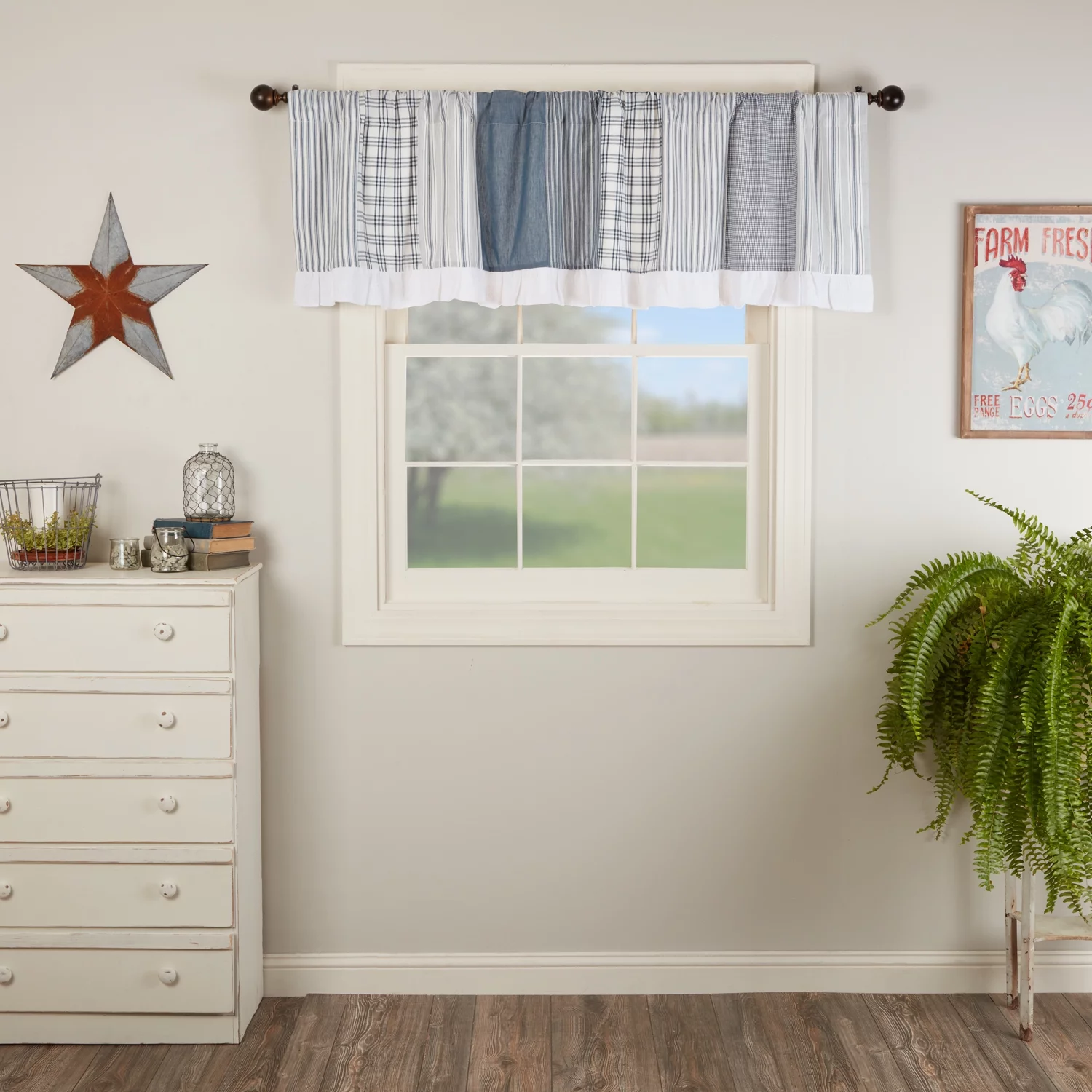 VHC Brands Sawyer Mill Blue Farmhouse Window Panel Set for Living Room or Bedroom with Attached Valance