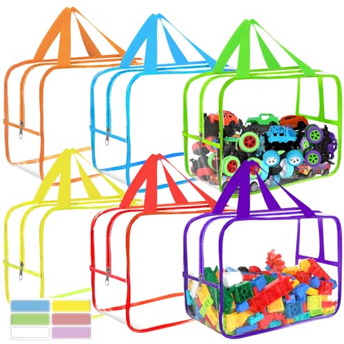 6 Packs Large Toy Storage Bags with Labels, Reusable Clear PVC Board Game Storage, Travel Waterproof Organizer Bags with Zipper for Building Blocks, Puzzle, Kids Books