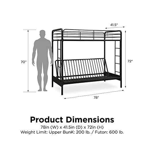 DHP Twin-Over-Futon Convertible Couch and Bed with Metal Frame, Ladder and Guardrails - Black