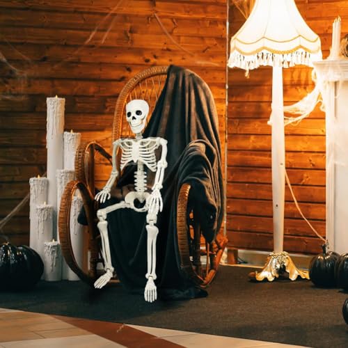 5.4Ft Halloween Skeleton, Posable Life Size Skeleton with Glowing Eyes Creepy Sound, Plastic Skeletons with Movable Joints for Graveyard Prop, Indoor Outdoor Haunted House Party Decor