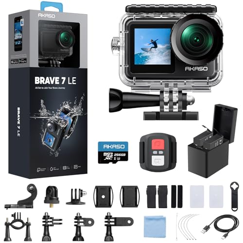 AKASO Brave 7 LE 4K30fps Action Camera with 256GB MicroSDXC U3 Memory Card Accessories Kit Bundle Ultra HD 131FT Waterproof Camera EIS 2.0 WiFi Remote Control Zoom Underwater Camera