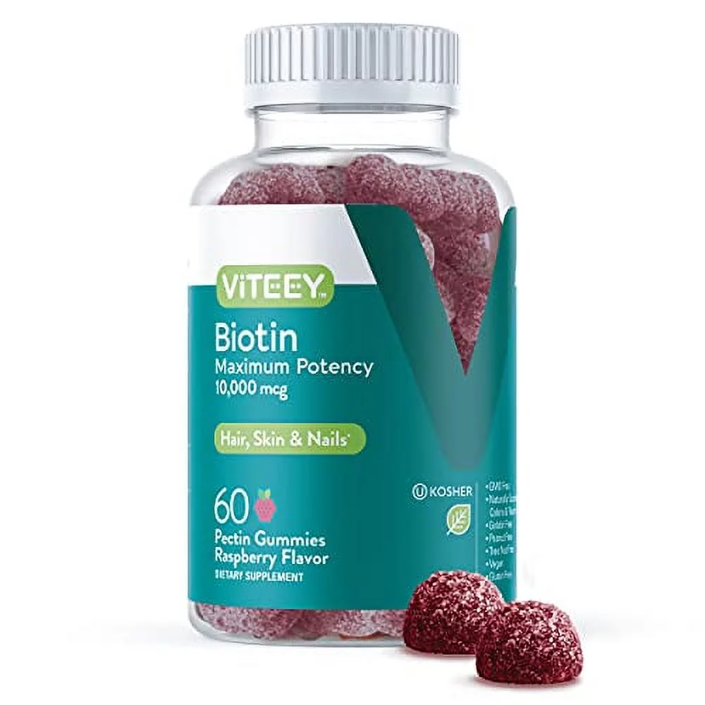 VITEEY Biotin Gummies 10,000 mcg, Supports Hair, Skin, & Nails, Raspberry Flavor, 60 Count (Pack of 1)