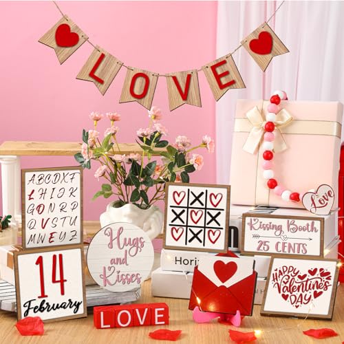 19 Pcs Valentine‘s Day Tiered Tray Decorations Set and 2 Tiered Tray Stand with Handle Tabletop Table Decoration for Valentine‘s Day Home Office Farmhouse