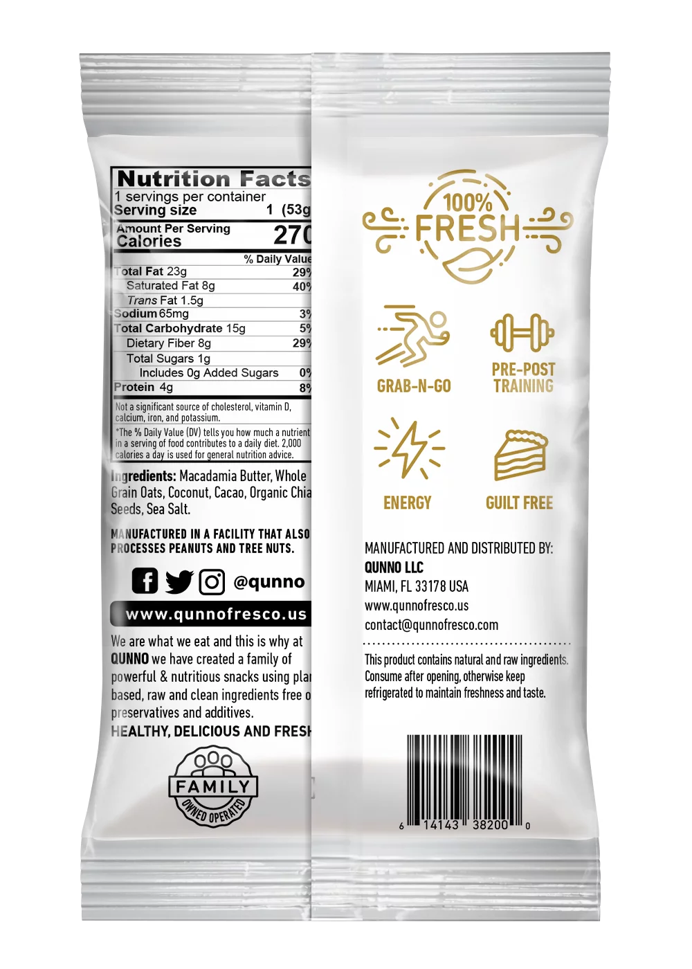 Qunno Coco Square (Pack of 12) Vegan Bars / Protein Bars / Energy Bars