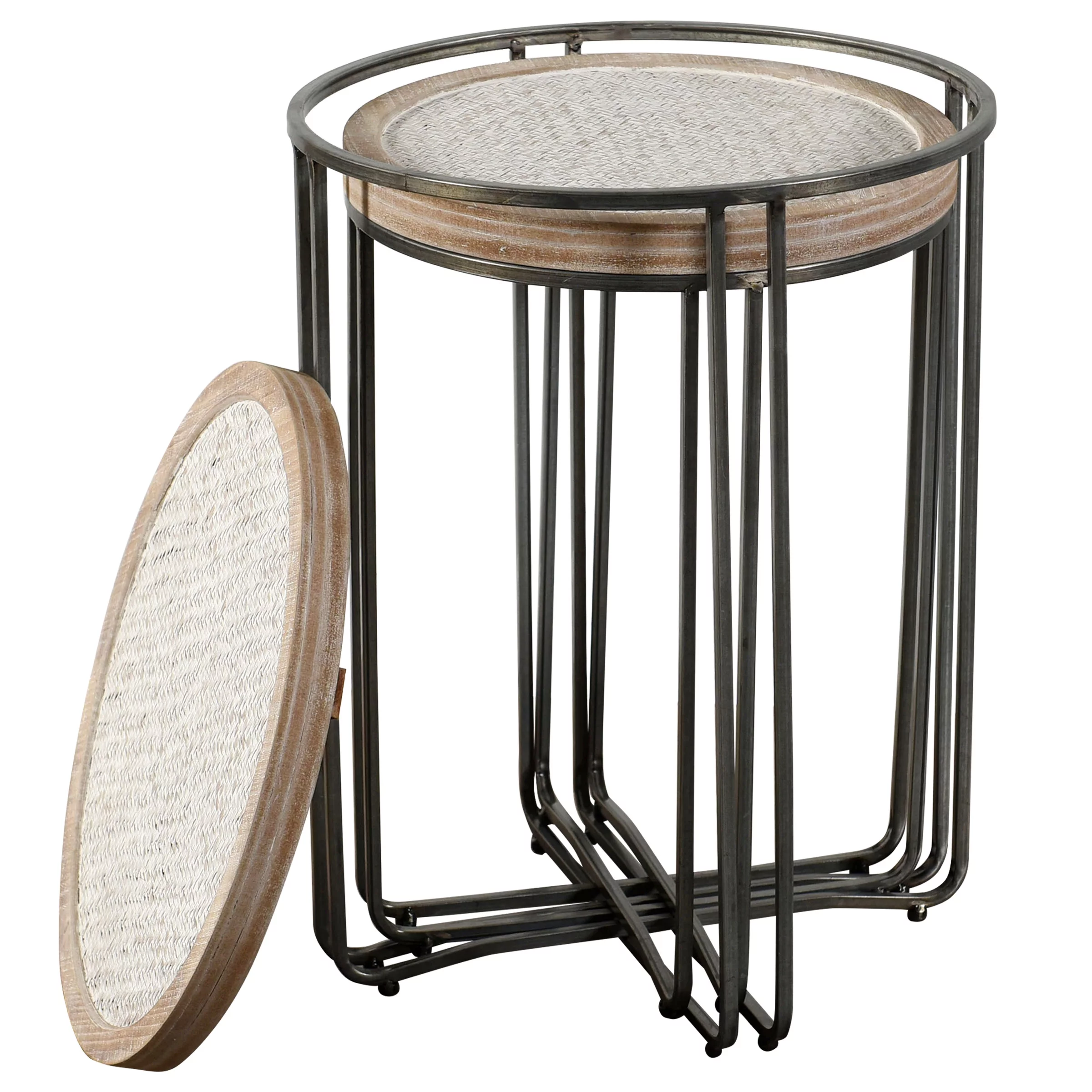 Ryder - Nested Round Tables - Metal and Fir Wood with Woven Rattan Top - Washed Ivory Finish - Set of 2