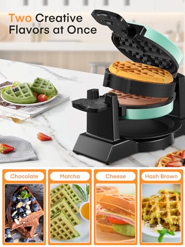 Waffle Maker, 1400W Double Belgian Waffle Iron 180° Flip, 8 Slices in 3 Mins, Rotating & Nonstick Plates, Anti-Scald, Removable Drip Tray Easy to Clean, Cool Touch Handle, Space-Saving (Mint Blue)