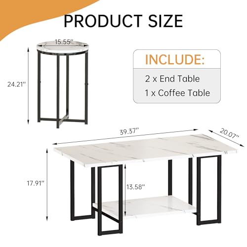 Lamerge 3 Pieces Living Room Table Set, Faux Marble Coffee Table with 2 Round End Side Tables, Coffee Table Set with Metal Frame for Apartment Home Office, White Black