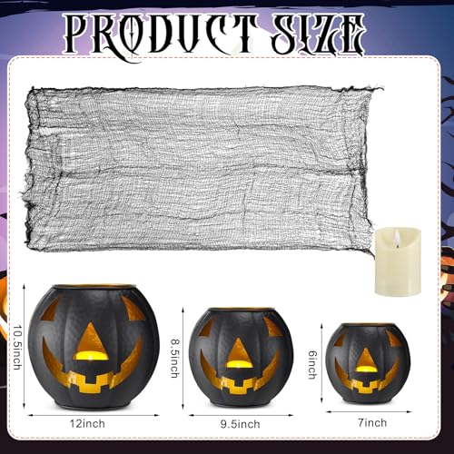 3 Pcs Halloween Metal Jack O Lanterns Pumpkin Set with LED Candles and Black Creepy Cloth Set of 3 Jack O Lantern Halloween Fall Outside or Inside Table Ornaments for Home Festival Party Decor