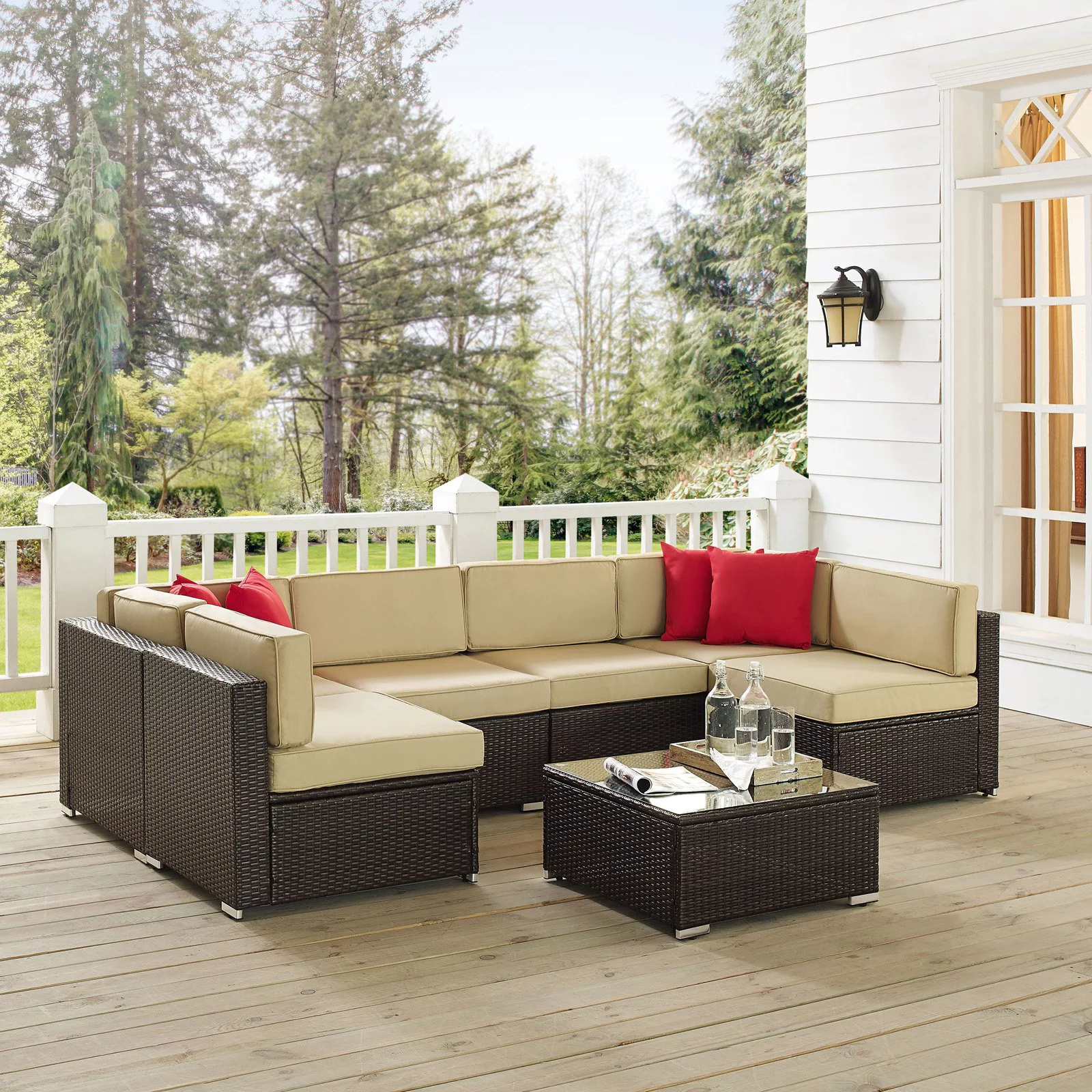 Crosley Sea Island 7 Piece Patio Sectional Set in Brown and Sand