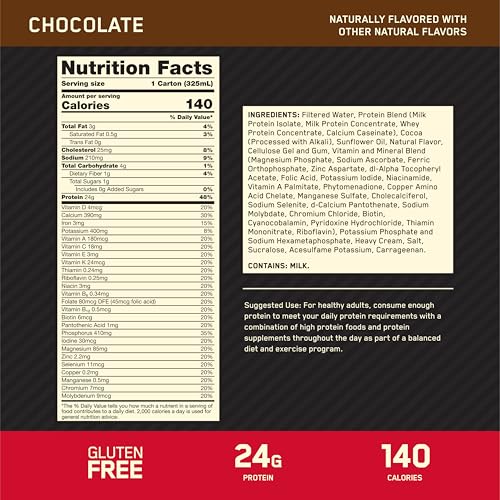 Optimum Nutrition Gold Standard Protein Shake, 24g Protein, Ready to Drink Protein Drinks, Chocolate, 11 Fl Oz, 12 Count (Pack of 1) (Packaging May Vary)