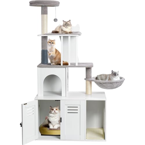 Snughome Cat Tree with Litter Box Enclosure Furniture, 2-in-1 Modern Cat Tower, 58.66’’ Wood Cat Condo with Scratching Post and Hammock, Pet Furniture with Large Platform, White