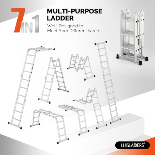 LUISLADDERS Folding Ladder Multi-Purpose Aluminium Extension 7 in 1 Step Heavy Duty Combination EN 131 Standard (12.5 Feet)